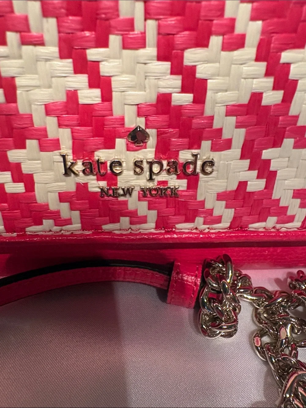 kate spade NWT Darcy Pink and Cream Woven Houndstooth Crossbody/Clutch MSRP $289